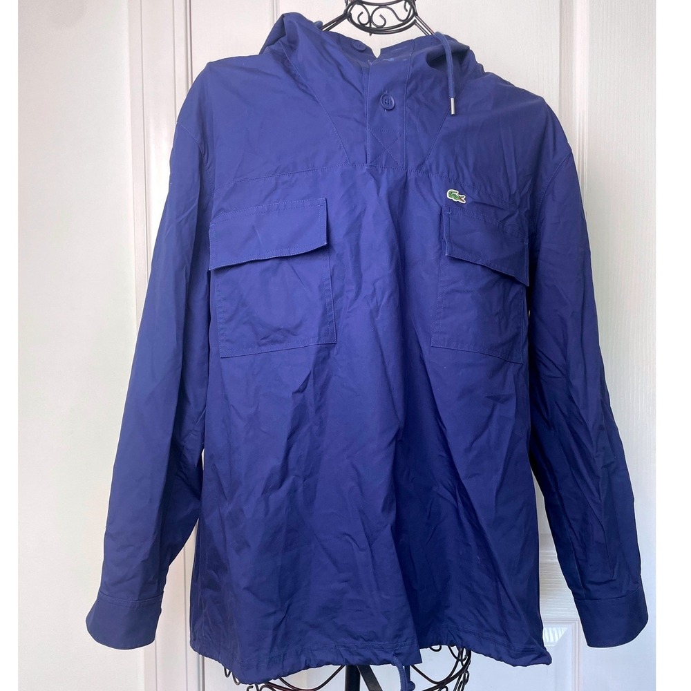 Lacoste Womens Water Resistant Rain Jacket Blue Hooded‎ Pullover Sz. 16 Preppy